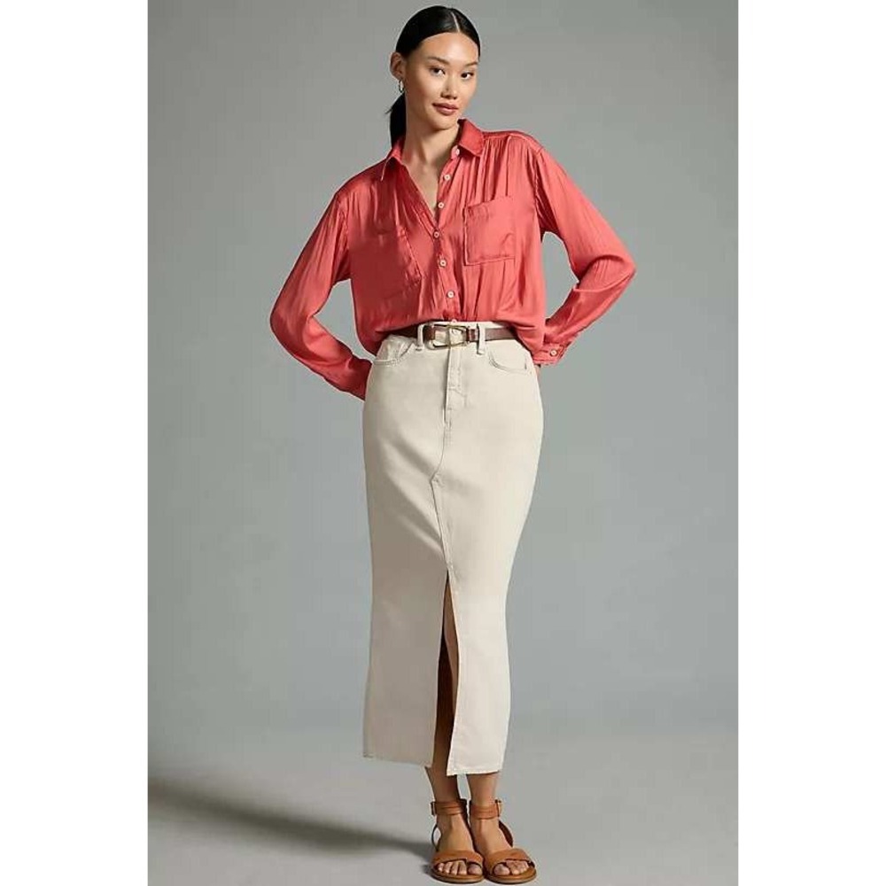 Anthropologie Relaxed Long Sleeve‎ Buttondown Silky Coral Pink Blouse M Workwear